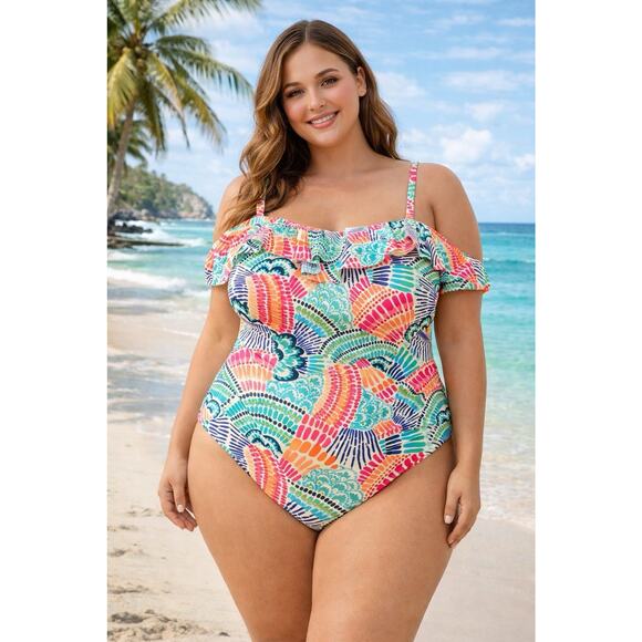 La Blanca Other - LA BLANCA WAVES OF COLOR COLORFUL RUFFLE BANDEAU ONE PIECE SIZE 16 PLUS SWIM